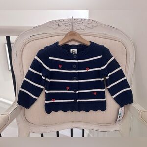 🤍 9 Mth Cotton Navy Baby Cardigan with White Stripes and Red Hearts NWT